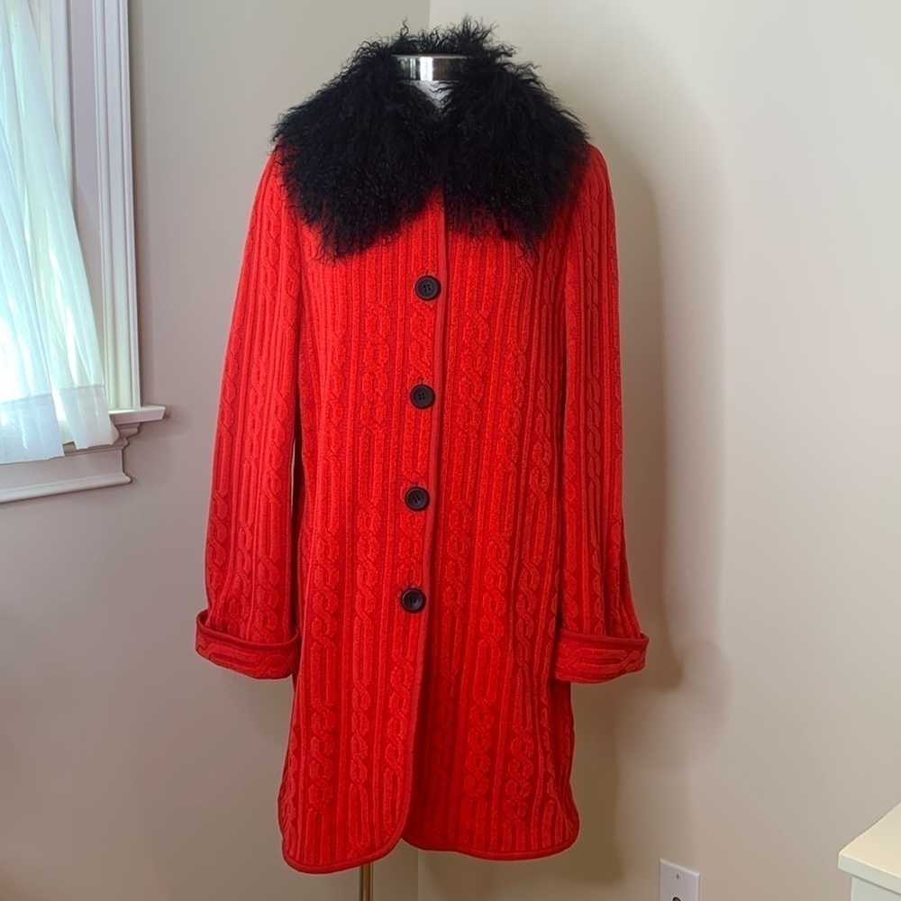 Lola Made in Italy Red Black Cable Knit Fur Collar Duster Cardigan Coat 8 44